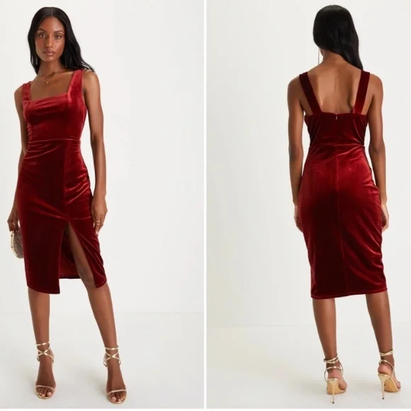 LULUS Sexy Prom Wedding Holiday Elegant Chic Shimmer Velvet Cocktail Midi - Picture 5 of 5